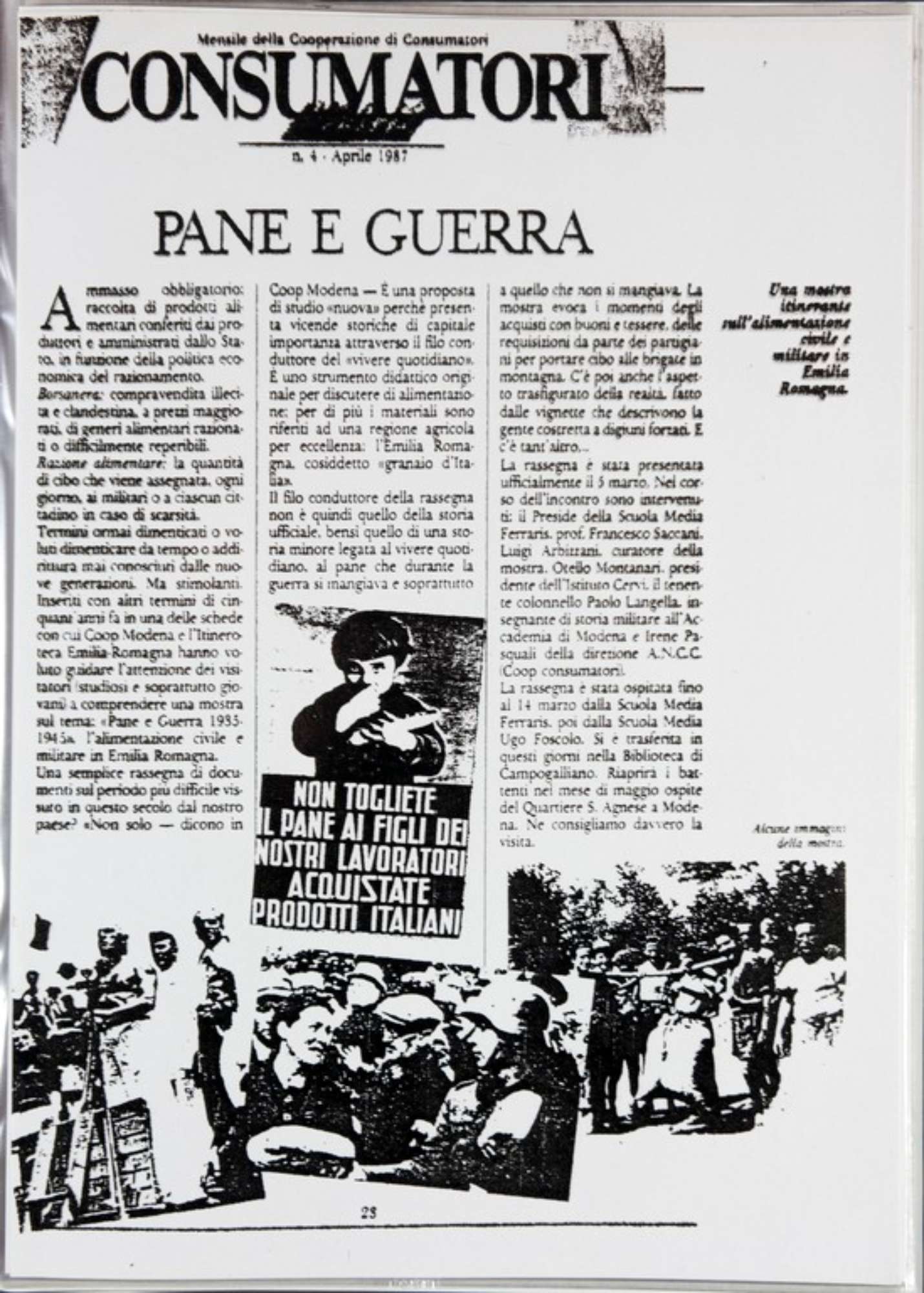 Fotocopia di un articolo del mensile "Consumatori" di aprile 1987 sulla mostra "Pane e Guerra 1935-1945 Alimentazione civile e militare in Emilia Romagna"